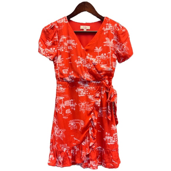 GB Girls Ruffle-Hem Faux-Wrap Fan Favs Dress Sz LRG Red Scooter Flower. - Picture 1 of 2